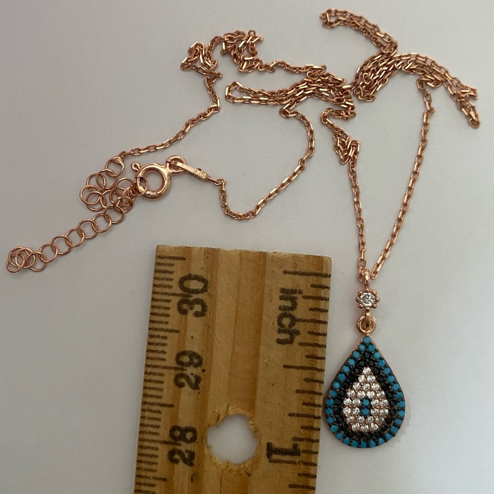 🧿 925 Silver necklace fancy drop evil eye cz turquoise - Picture 3 of 3
